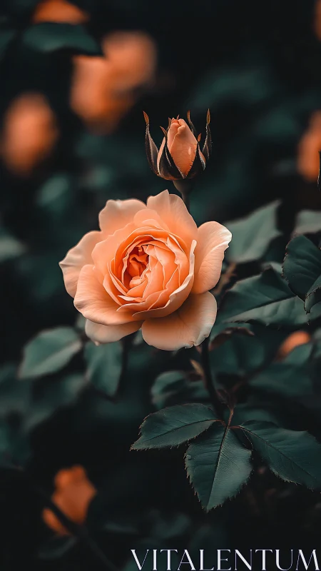 Peach Garden Rose with Budding Companion in Soft Focus Bokeh.