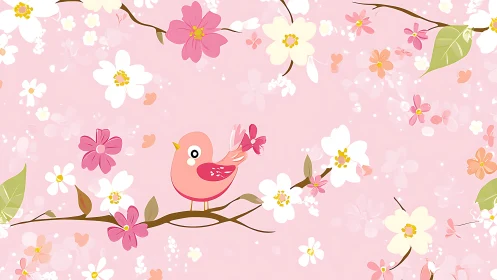 Floral Spring Scene with Coral Bird on Branch.
