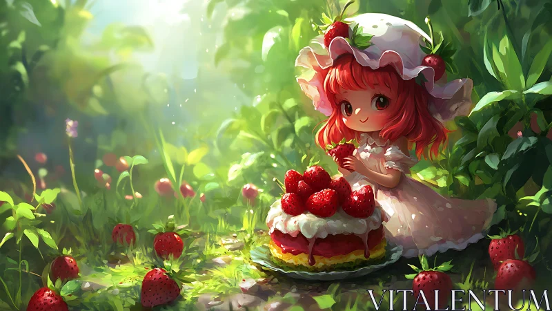 Red haired girl holds strawberry beside layered cake