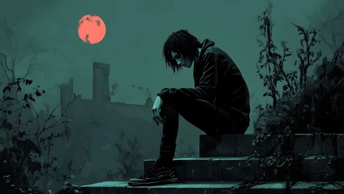 Solitary figure on steps under red moonlit night.