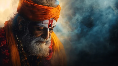 Elderly Hindu sadhu in orange robe bathed in mystical light