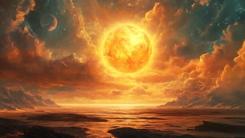 Alien sun over molten ocean under storm-torn skies.