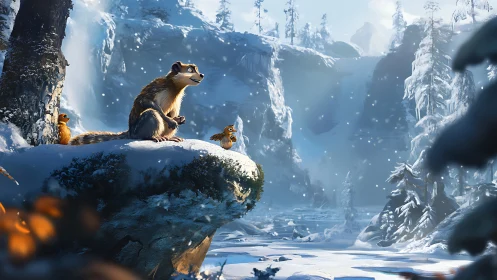 Cartoon squirrel and birds overlook frozen winter canyon scene