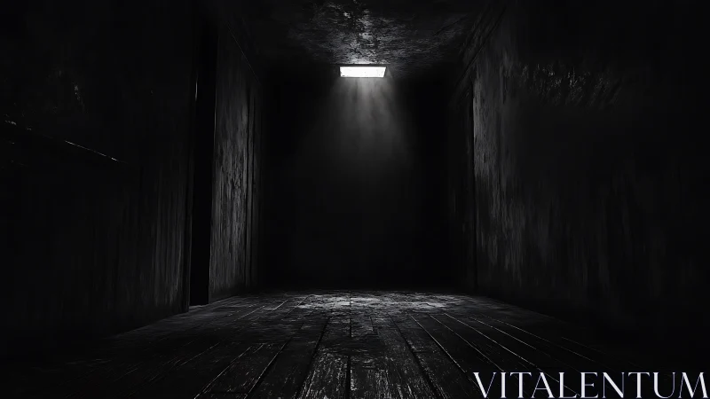 Narrow dark corridor receives single overhead light beam