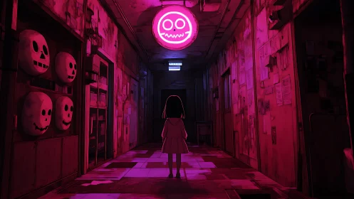 Girl confronts neon skull sign in haunted pink hallway.