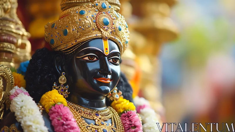 Ornate Hindu deity statue rendered with shallow depth of field