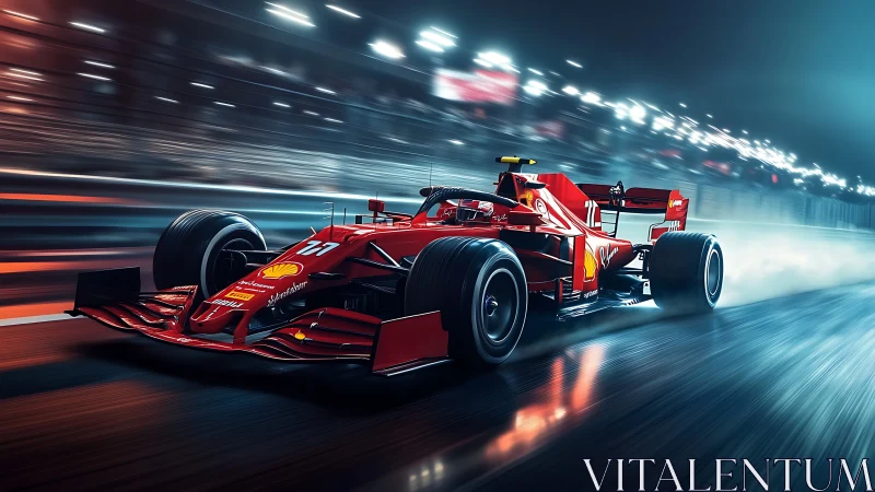 Scarlet Formula race car storms through neon lit night circuit