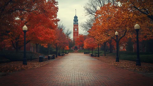 Brick campus clock tower rises along a tranquil autumn walk