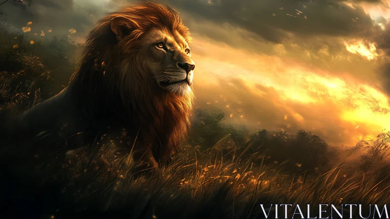 Lion in tall grass under dramatic sunset sky.
