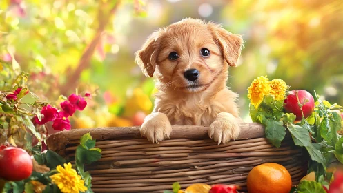 Golden puppy rests in woven basket among bright garden fruit