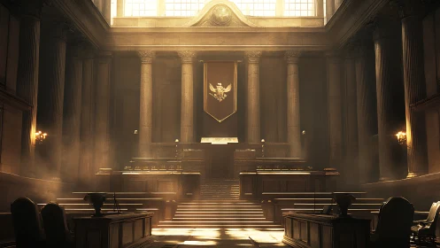Sunlit grand courtroom bathed in quiet golden stillness.