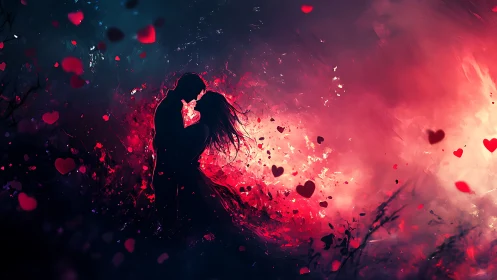 Silhouetted Couple Amid Radiant Heart Particles and Luminous Red Mist.