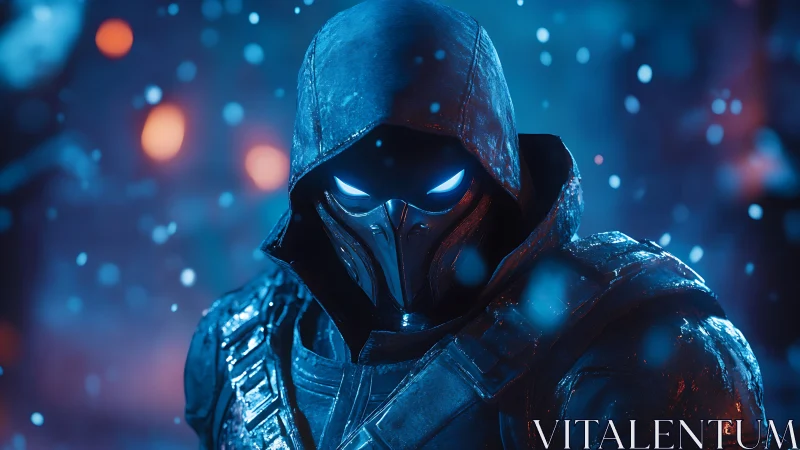 Hooded cyber assassin with glowing visor in snowstorm