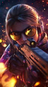 Fierce gamer hero locked in focus amid glowing sparks.