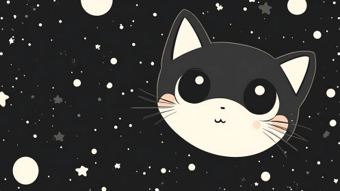 Celestial Tuxedo Cat Floating Among Stars and Moons
