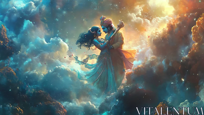 Figure Among Clouds Against Golden and Turquoise Luminous Sky