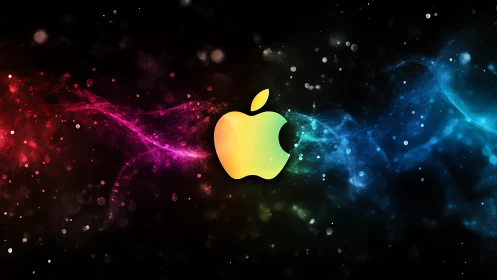 Apple logo with neon color trails on dark space background.