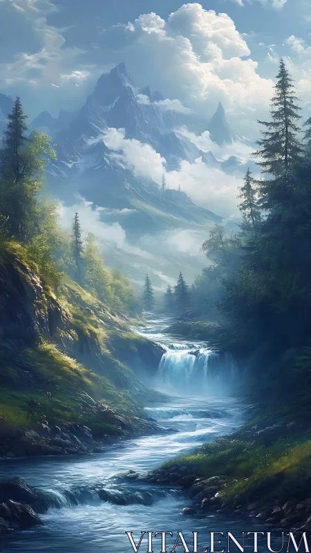 Peaceful mountain river winding through sunlit forest valley.