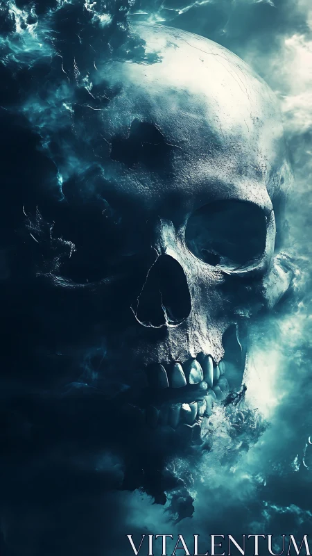 Ethereal skull materializes from turbulent cyan vapor fields