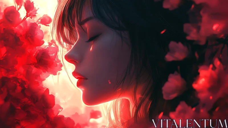 Crimson daydream girl adrift in glowing floral embers.