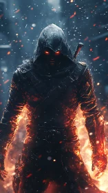 Hooded fiery warrior with glowing eyes in burning haze.