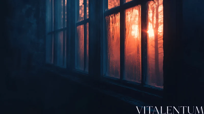 Frosted window panes catch deep blue and ember sunrise glow.