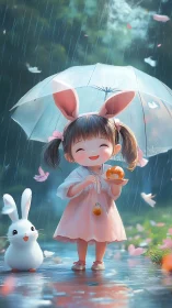 Smiling child in bunny outfit holds umbrella while rain falls
