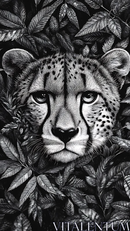 Monochrome cheetah portrait framed by dense botanical foliage