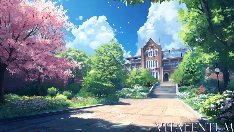 Sunlit campus garden frames a red-brick university hall.