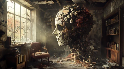 Cracked skull effigy rising in decayed library interior.
