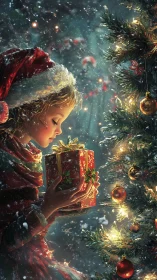 Child in profile holds wrapped gift beside illuminated tree