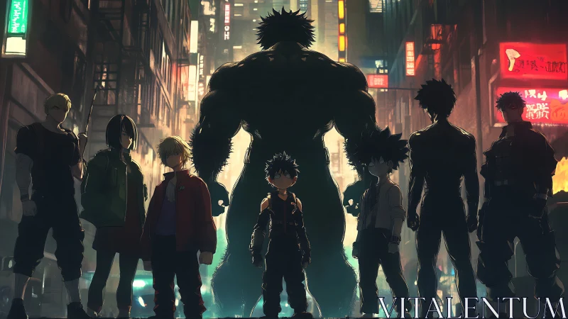 Neon alley heroes gather beneath a towering green titan.