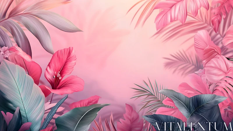 Pink tropical foliage background with stylized leaves and blooms.