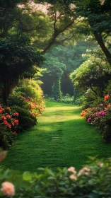 Lush floral garden corridor with diffused canopy lighting.