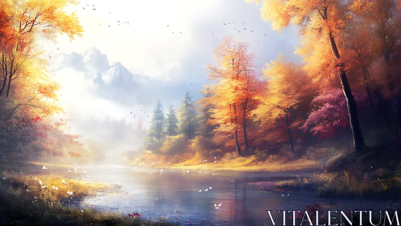 Autumn river valley with misty mountains and diffuse skylight