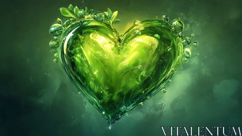 Luminous Green Heart. Glowing botanical shape floats in mist.