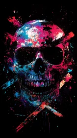 Chromatic human skull with neon splatter and crossed shards