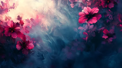 Pink Dahlias in Atmospheric Bloom: Ethereal Floral Digital Composition