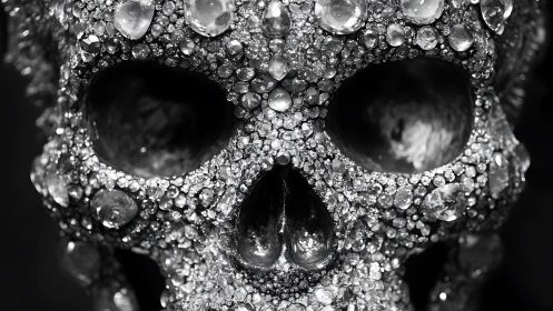 Crystal encrusted skull glitters under sharp monochrome light.