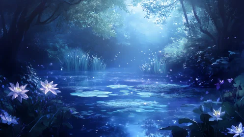 Moonlit forest pond glows with lilies and drifting fireflies.