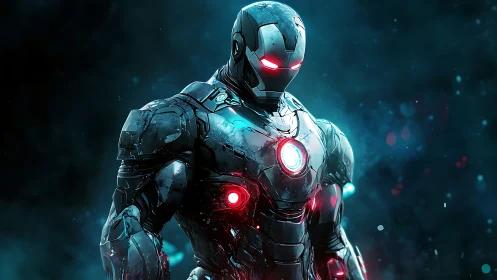 Armored cybernetic warrior glows in neon-lit cosmic haze.