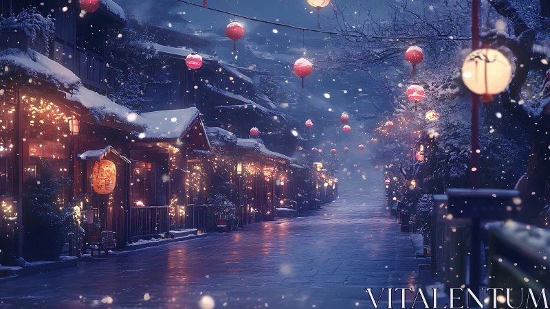 Snowlit lantern street with warm bokeh and winter haze.