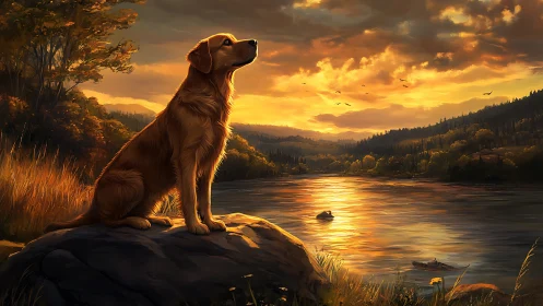 Digital painting of golden retriever by river at sunset.