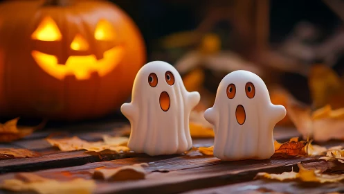 Ceramic ghost figurines before glowing jack-o&rsquo;-lantern backdrop.