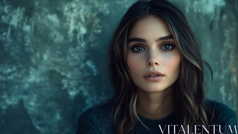 Portrait of young woman with teal backdrop in soft focus.