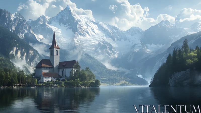Lakeside alpine church with steep spire under snowcapped massif