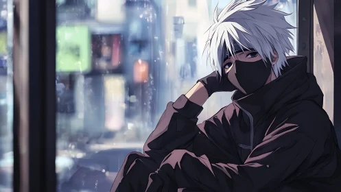 Quiet masked anime boy resting by a rainy city window.