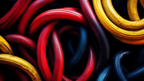 Interlaced primary color hoses with glossy macro surface detail
