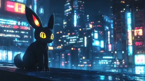 Black neon-eyed creature on wet rooftop in cyber city.