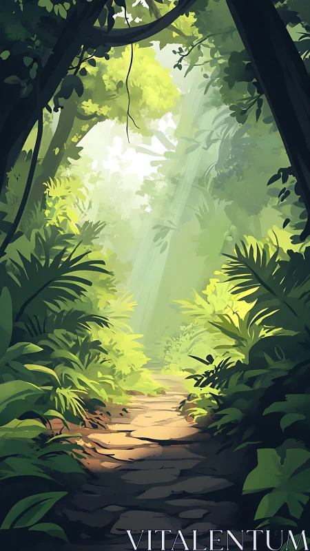 Sunlit Forest Path Through Enchanted Canopy.